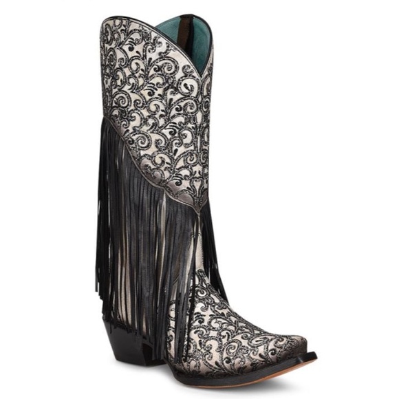 Corral Lamb Overlay With Fringe Snip Toe Cowboy White/Black Women’s size 9 NEW!! - Picture 2 of 6